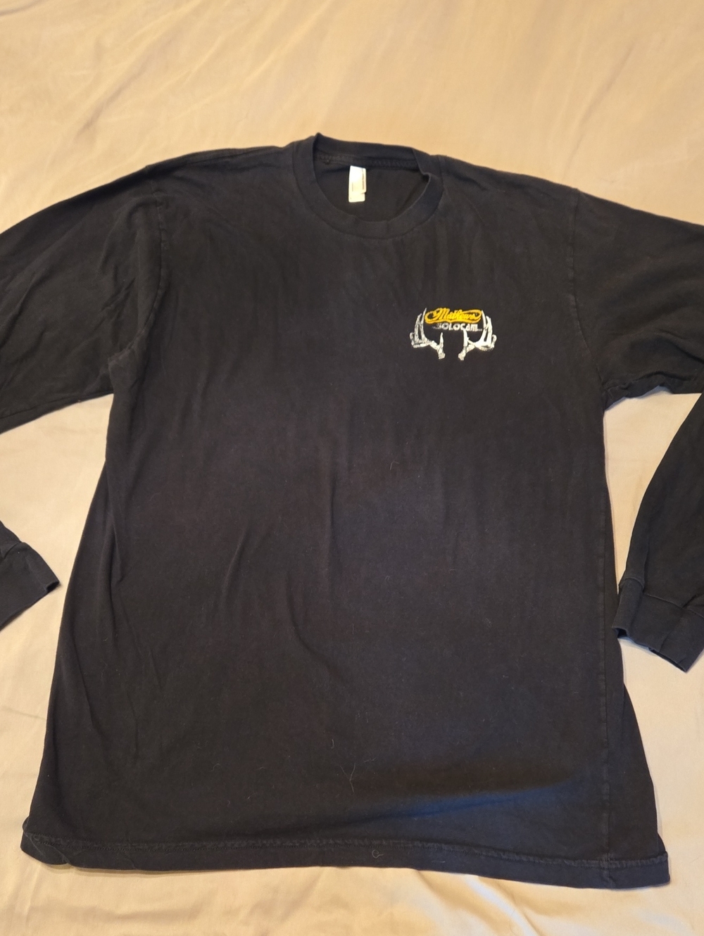 American Apparel Black Long-Sleeve Tee with Small Yellow & White Chest Graphic